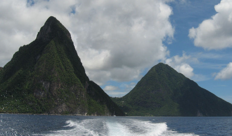 The Pitons seen from the sea.